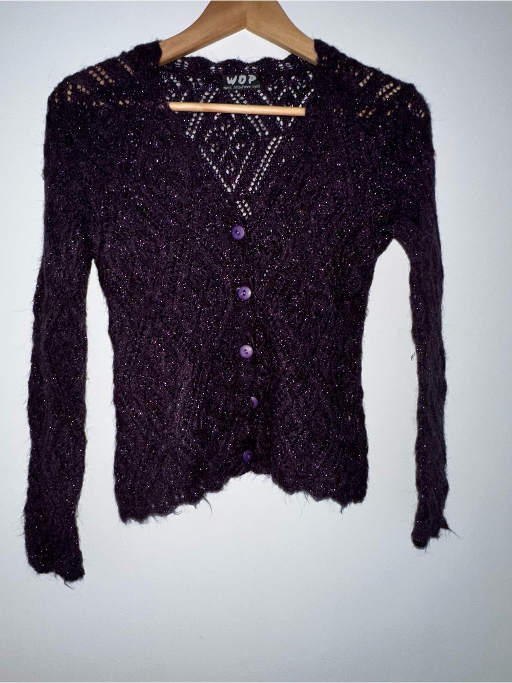 Purple Open-Knit Button Front Cardigan/Made in France/Made with Mohair